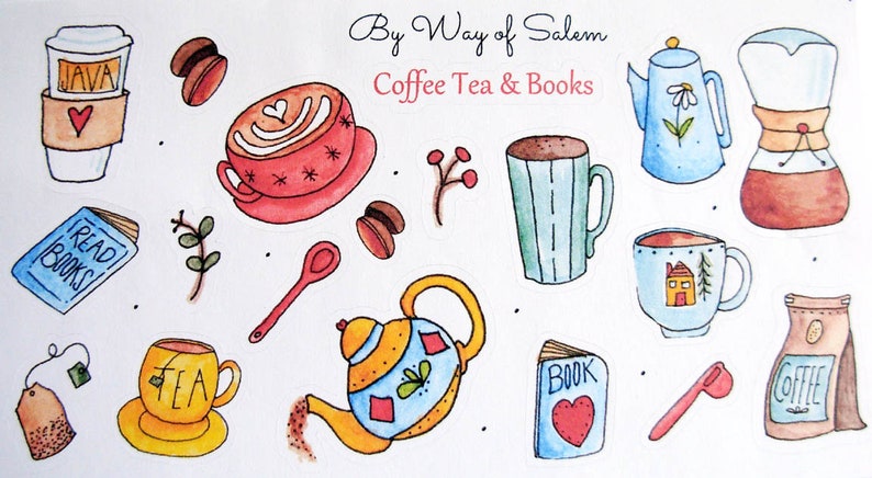 Coffee Tea Books Sticker Sheet, Coffee Stickers, Cute Cups Stickers, Coffee Tea,Book Lovers,Book Lover Stickers, Watercolor Coffee Tea Books image 2