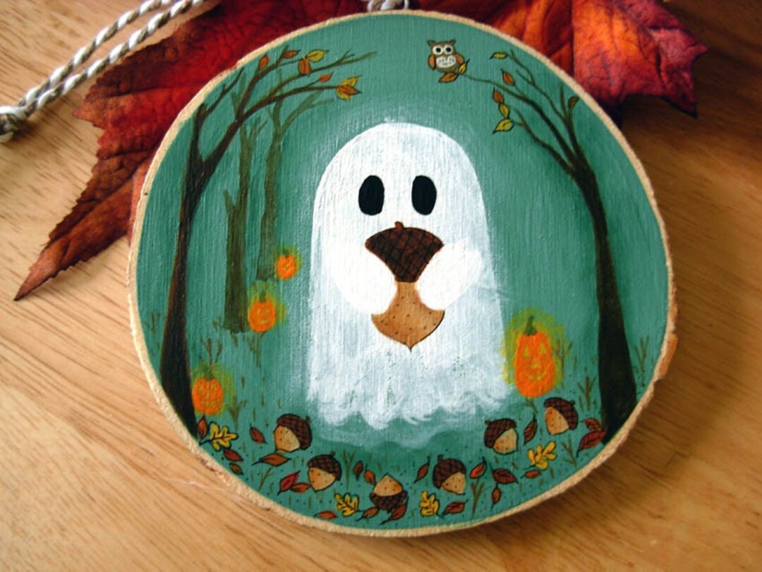 Ghost With Acorn and Pumpkins Wood Ornament,cute Ghost Art,lttle ...