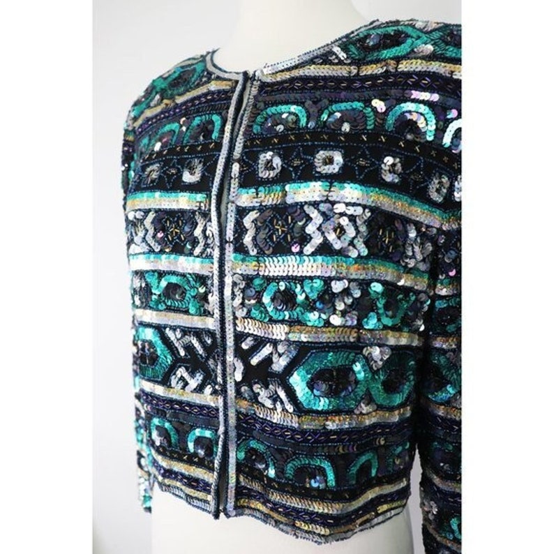Laurence Kazar Vintage Sequin Jacket Embellished 100% Silk Long Sleeve Petite Lg image 4