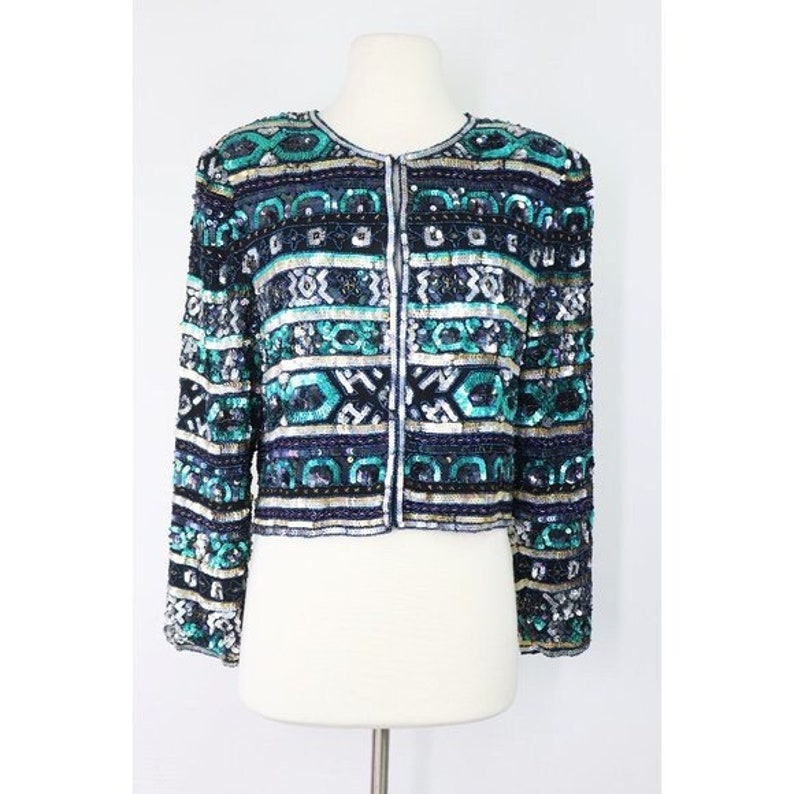 Laurence Kazar Vintage Sequin Jacket Embellished 100% Silk Long Sleeve Petite Lg image 1