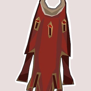 May include: A sticker of a red and brown cape with a beige collar and decorative red gems. The cape has a stylized design with a geometric shape and a white border. The sticker is on a light pink background.