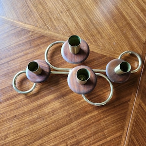Brass and Teak Wood Candelabra Mid Century Centerpiece Danish Modern