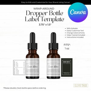 May include: A printable template for a 3.75 inch by 1.5 inch dropper bottle label. The label is white with black text and features the words "Cocoa Blanc" and "Organic Body Oil". The template is customisable and includes instructions for use.