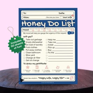 Könnte beinhalten: Ein blaues Honey Do List Notizblock mit einer Liste von Aufgaben und einem Abschnitt, um Dankbarkeit zu zeigen. Das Notizblock enthält den Text "Includes 50 sheets of fun!" und "Happy wife, happy life!"