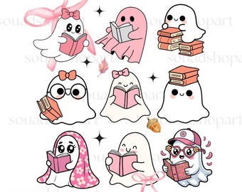 Kawaii spökläsningsbok Clipart: Pastell Halloween PNG (digital nedladdning