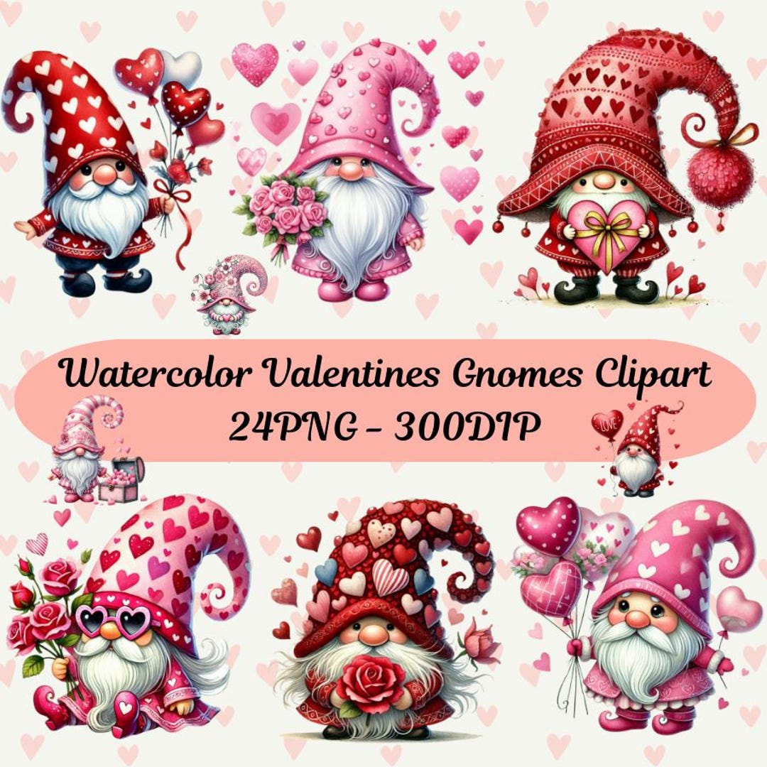 Watercolor Valentine 24 Gnomes Clipart, Cute Clipart Gnomes Bundle ...