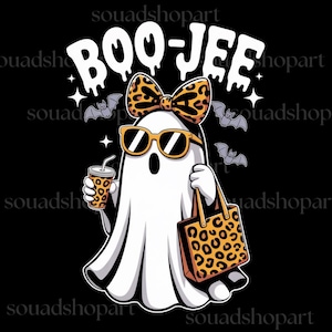 May include: A cartoon ghost wearing sunglasses and a leopard print bow, holding a leopard print tote bag and a drink. The image has the text "BOO-JEE" in white dripping letters, with bats and stars on a black background.
