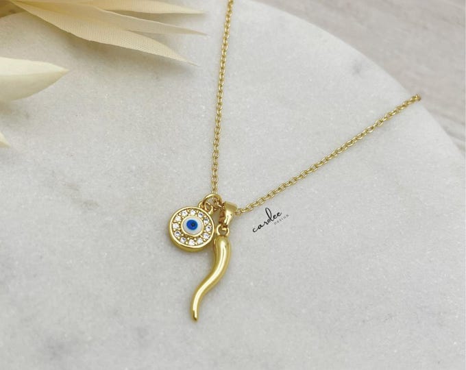18k Gold Filled Italian Horn Necklace: Cornicello Amulet, Evil Eye Protection