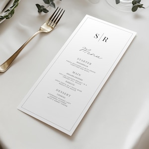 Modello di menu per matrimonio monogramma con bordo, design minimalista 4x9 Canva e PowerPoint, biglietto di ricevimento modificabile - Download immediato