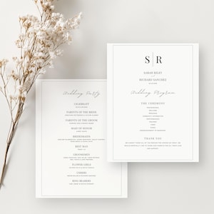 May include: Two white cards with black text. The first card lists the wedding party, including the celebrant, parents of the bride and groom, maid of honour, bridesmaids, best man, groomsmen, flower girls, ushers, and ring bearers. The second card has the wedding programme, including the ceremony and a thank you message. The cards have the initials "SR" in a black square at the top.