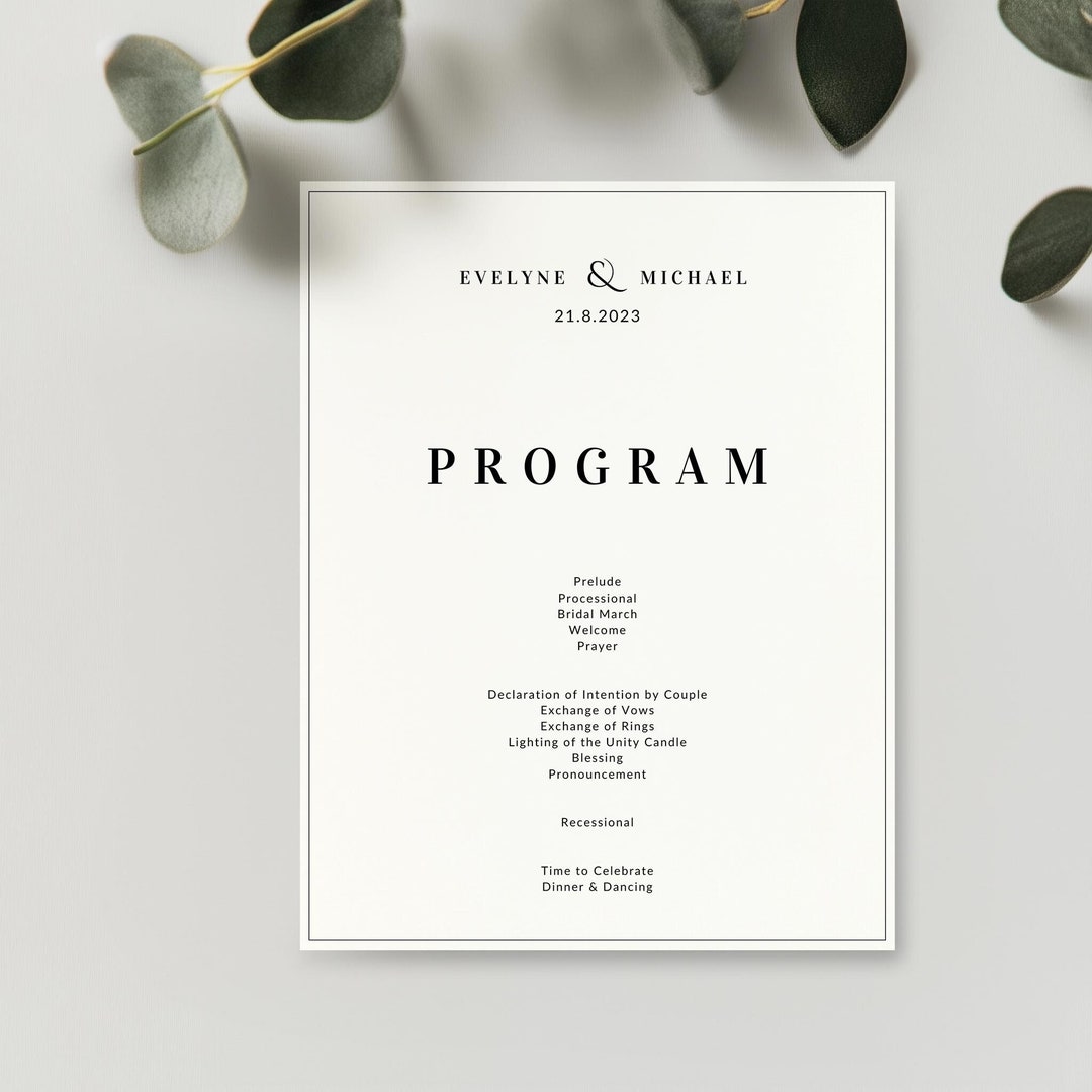 Minimalist Wedding Program Template: Black Frame, Editable Canva Design ...