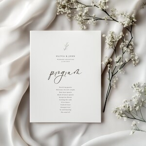 May include: A wedding reception program with a simple design. The program lists the order of events for the reception, including receiving guests, welcome the new couple, best man speech, maid of honor speech, reception dinner, cutting the cake, first dance, cocktail hour, DJ and dancing, and the send off.