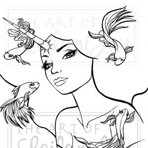 Unicorn Girl with Betta Fish Downloadable Leilani Joy Coloring Page
