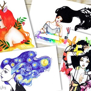 Conjunto de 4 cartões postais para meninas em aquarela e tinta