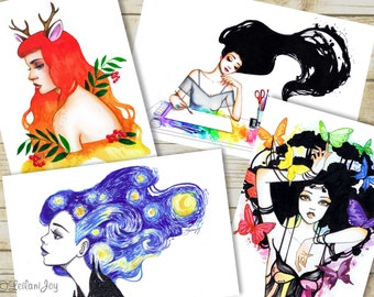 Watercolor and Ink Girls Set of 4 Postcards