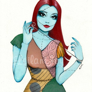 May include: A blue and brown patchwork dress with a red wig and a needle and thread. The dress has a green skirt and a brown bodice with a pink and yellow patch. The character has stitched seams on her face and arms.