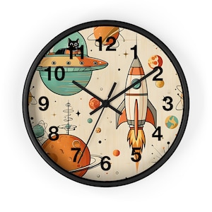 SpaceThemed Wall Clock|Retro Rocket Clock|Cat in Space Clock|Classroom Decor|Kids Room Decor|Classroom Clock|Kids Clock|Space |Nursery Clock