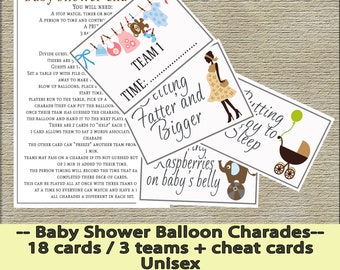 Baby Shower Balloon Charades - 18 cards / 3 teams + cheat cards - INSTANT DOWNLOAD
