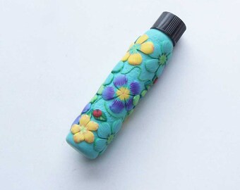 Flower Needlecase, Gift for Her Wife Gramma Mom, Aqua Blue Green, Small Bottle, Quilt Notion