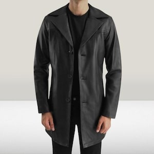 Black Leather Coat for Men - Premium Sheephide with Notch Collar, Button Closure, Epaulettes