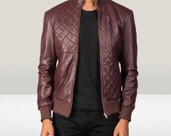 Men's Quilted Maroon Leather Jacket - Real Sheephide
