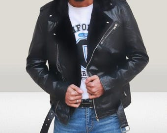 Luxury Shearling Biker Jacket in Genuine Black Sheep Leather with Fur Collar