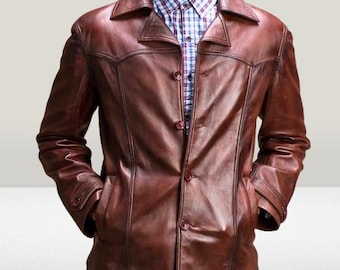 Men's Vintage Brown Leather Coat - Real Sheephide