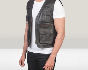 Braune Multi-Pocket-Lederweste für Herren - Echtes Schaffell mit stilvoller Funktionalität