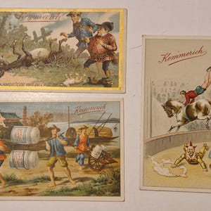 3 cartes publicitaires anciennes Extrait de viande Kemmerich ca. 1900 – chromolithographie avec bordure dorée – publicité internationale
