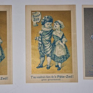 3 originale französische Werbekarten „Sirop Zed“ um 1900 – Kindermotive – medizinische Ephemera – seltene historische Reklame