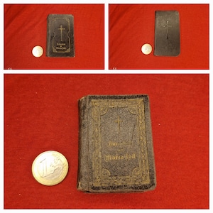 Zestaw miniaturowych książeczek do modlitwy (1900–1909) – 3 książeczki do nabożeństwa z tłoczeniami maryjnymi, złotymi krawędziami i oryginalnym imprimatur