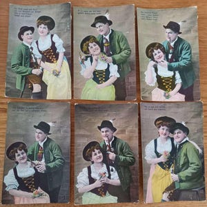 Histoire d'amour interdite 1912 – Série de 6 cartes postales d'amour en couleur – Autriche, costume traditionnel, art populaire
