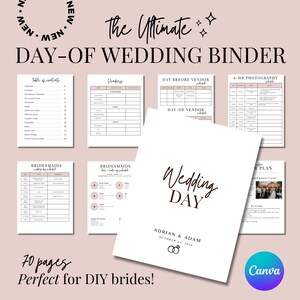 May include: A printable wedding day binder with a white cover and brown text that says "Wedding Day" with the names "Adrian & Adam" and the date "October 12, 2024". The binder includes pages for a table of contents, vendor information, bridesmaid schedules, and a reception plan.