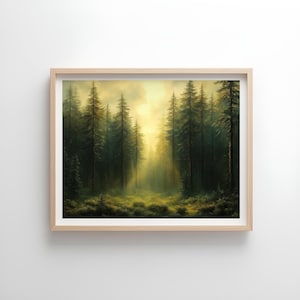Mystical Forest Sunrise - Enchanted Woodland Landscape Wall Art, Serene Nature Scene Printable Decor, Digital Download