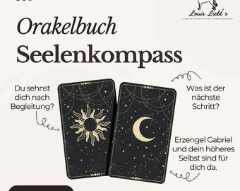 Könnte beinhalten: Werbung für ein spirituelles Produkt. Das Bild zeigt zwei Tarotkarten mit Himmelsdesigns, einer Sonne und einem Mond. Der Text enthält "Orakelbuch Seelenkompass" und "Download Now."