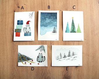 Cartes de vœux peintes à la main et personnalisables, Cartes de noël, Aquarelle, Unique,Bonne année, Fêtes, Chat rigolo, Tableau abstrait