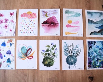 Carte de vœux, Noël, Anniversaire, peintes à la main, Aquarelle, Tableau abstrait, Nature, Paysage, Fleurs, Montagne, Papillons