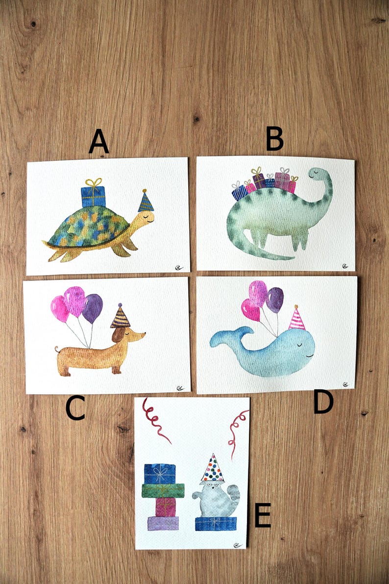 Cartes Anniversaire peintes à la main, Personnalisée, Aquarelle, Fêtes, Naissance, Animaux rigolo et mignon, Cadeau personnalisé image 2