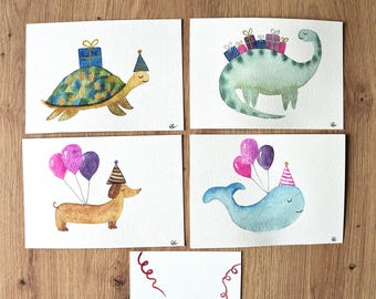 Cartes Anniversaire peintes à la main, Personnalisée, Aquarelle, Fêtes, Naissance, Animaux rigolo et mignon, Cadeau personnalisé