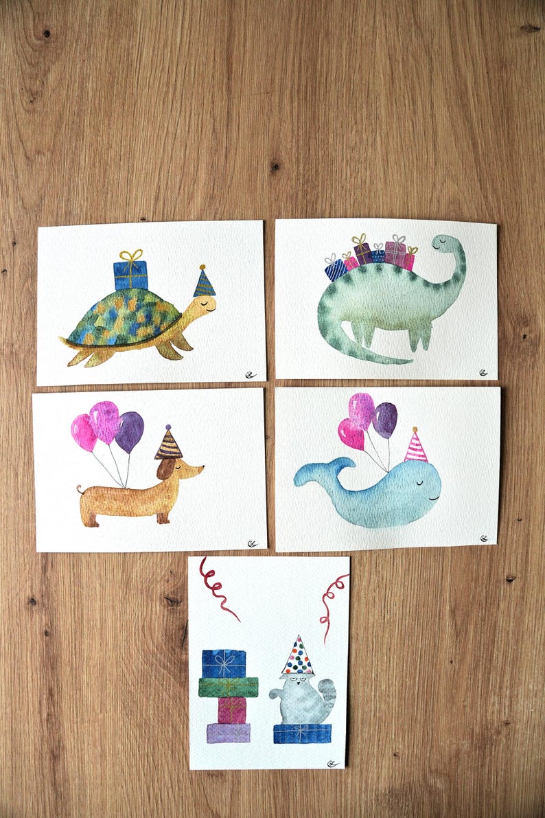 Cartes Anniversaire peintes à la main, Personnalisée, Aquarelle, Fêtes, Naissance, Animaux rigolo et mignon, Cadeau personnalisé image 1
