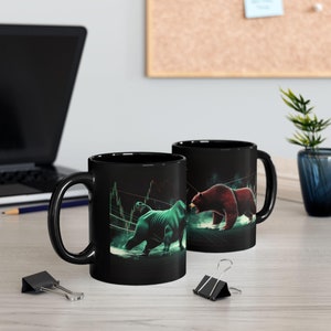 Taza de la Bolsa de Valores, taza de comerciante personalizada para papá, regalo de inversor para esposo, taza de comerciante para novio, taza de café de toro y oso, color negro (11 oz, 15 oz)