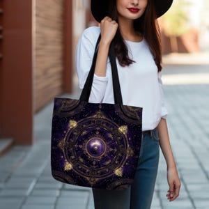 Mystical Purple Gold Trimmed Shield Tote Bag, Chic Accessory, Carry Tote, Gift for Her, Festival Style, Reusable Shopping Bag, Unique Bag