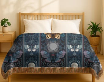Celestial Moth Woven Blanket: Gothic Moon Phase Tapestry
