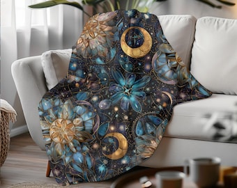 Celestial Mandala Blanket: Gothic Velveteen Throw with Gold Moons