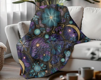 Midnight Bloom Velveteen Blanket: Stained Glass Moon & Stars Throw