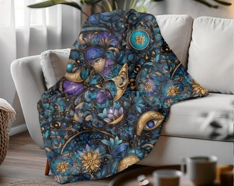 Celestial Eye Velveteen Blanket: Gothic Moon Phase Floral Throw