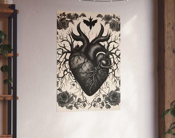 May include: Black and white art print featuring a stylized human heart with branching veins and arteries. The heart is surrounded by roses and a bat silhouette. The artwork has a gothic or dark aesthetic.