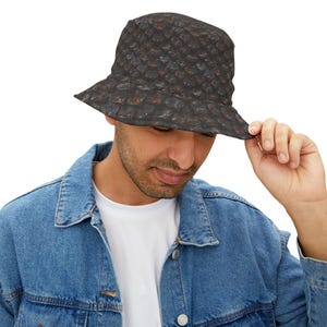 Dragon Scale Bucket Hat, Fantasy Lover Gift, Brown Dragon Print Cap, Mythical Creature Headwear, Unique Dragon Costume Accessory