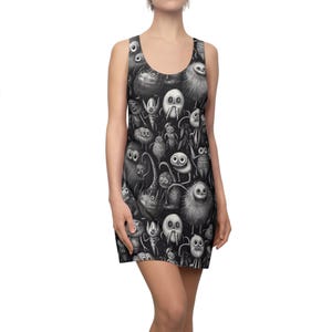 Whimsical Monster Print Racerback Dress, Fun Summer Wear, Unique Gift for Women, Halloween Party Outfit, Cute Casual Dress