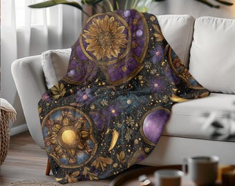 Celestial Sun and Moon Velveteen Throw: Gothic Astrology Blanket